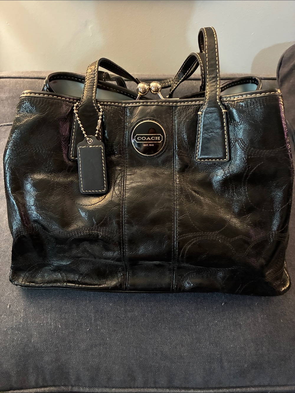 Vintage Coach Black Leather Tote with Signature Patch